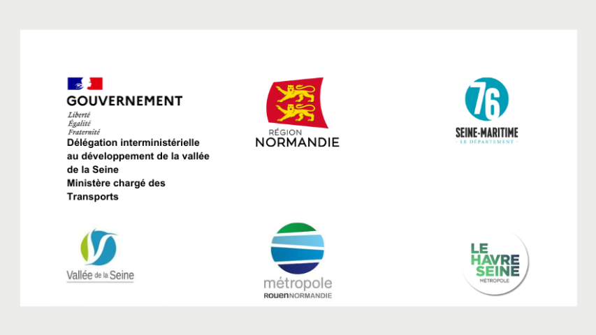 logos de l'Etat, de la région Normandie, du département Seine-Maritime, de la  Vallée de la Seine, de la métropole Rouen Normandie et de  la métropole Le Havre Seine